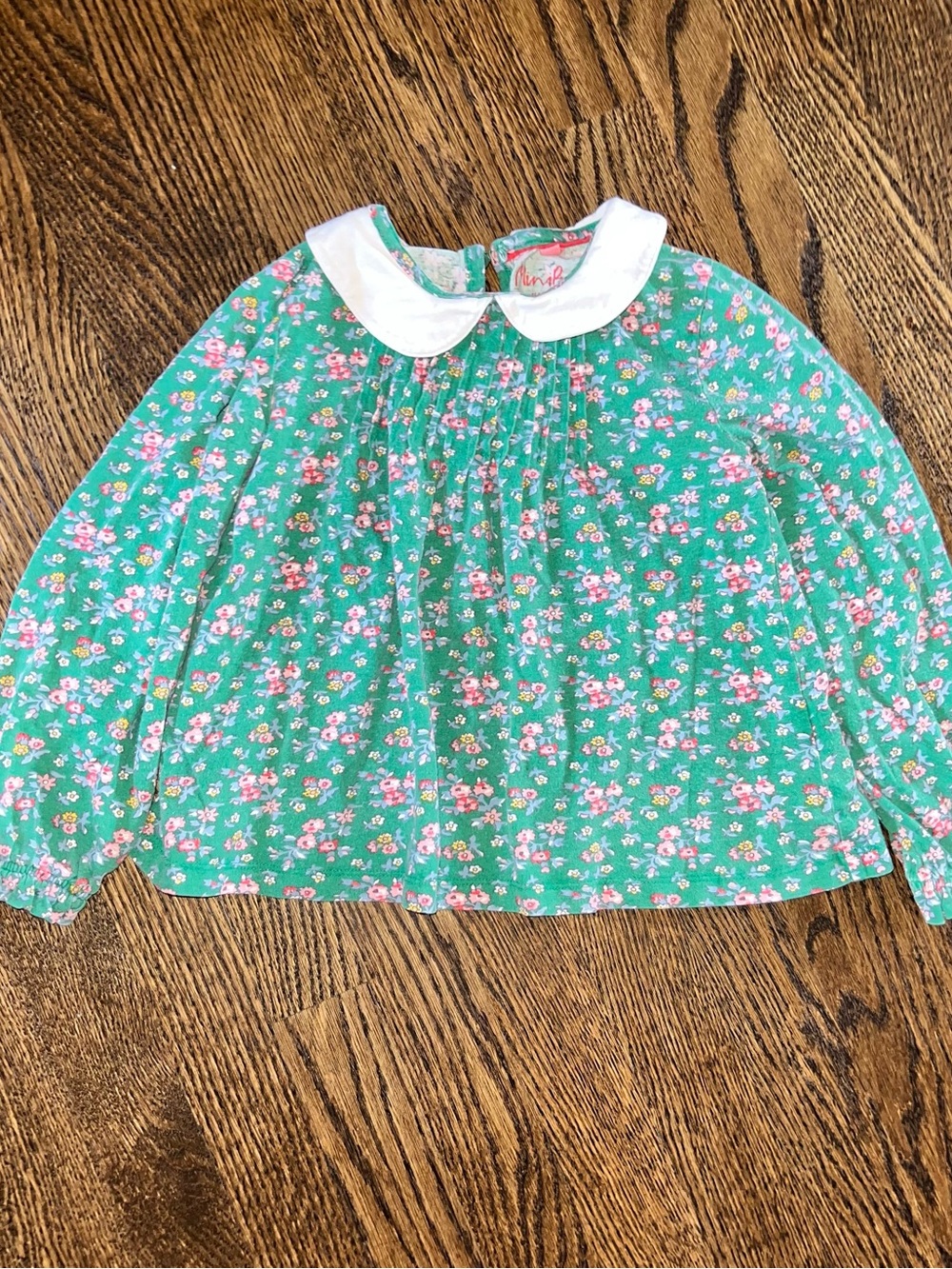 Mini Boden Green Floral Top with White Peter Pan Collar